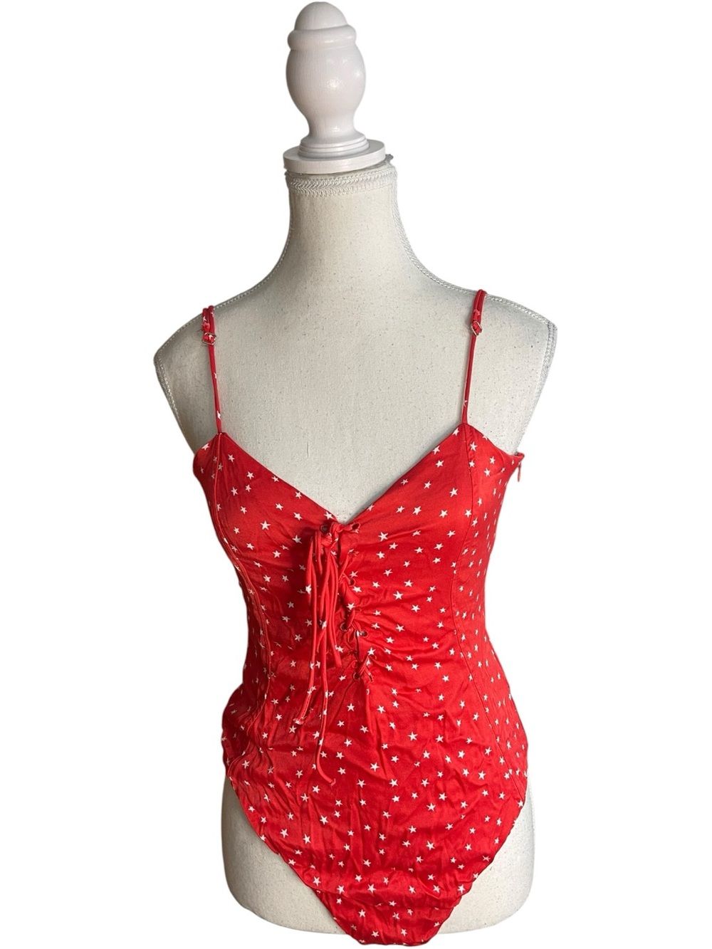 Zara Red Star Print Lace-Up Cami Bodysuit Red